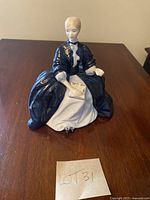 Front view of Royal Doulton Laurianne figurine seated with book in lap, wearing dark blue dress and white blouse details.