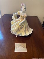 Front and side view of the Royal Doulton Ninette porcelain figurine, showing details of the pastel yellow and pink gown and floral decoration.