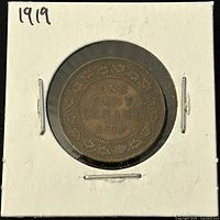 Reverse side of the 1919 Canadian one cent coin showing the denomination 'ONE CENT' and the year '1919' surrounded by an ornate floral border.