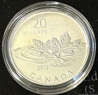 Obverse of the 2012 $20 Canada Silver coin showing the maple leaves and coin details including 20 dollars fine silver 9999, year 2012, and Canada.
