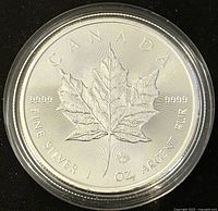 Reverse side of the 2014 Canadian Silver Maple Leaf coin showing the maple leaf design and silver purity markings.