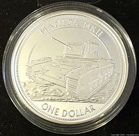 Obverse side of the coin showing Matilda MK II tank with inscriptions 'MATILDA MK II' and 'ONE DOLLAR'