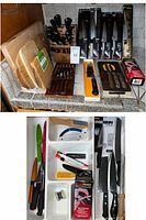 Overview of lot showing wood block with assorted knives, cutting boards, packaged knives, Chef’s Choice sharpener
