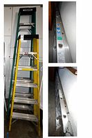 Photo showing three ladders stacked side by side against a white wall. Green Bull 6ft step ladder in back, yellow Werner 8ft step ladder in front, and 13ft aluminum extension ladder horizontally beside them.