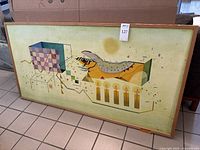 Frontal view of large abstract modern painting, showing the overall composition with geometric shapes and muted tones, framed in wood.