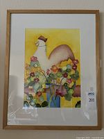 Framed watercolor painting showing a happy rooster standing behind colorful flowers in a blue pot against a yellow background.