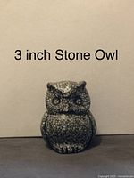 Single grey terrazzo style stone owl figurine, 3 inch size shown with text indicating size and material.