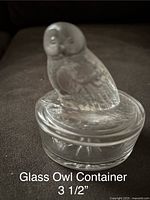 Glass owl container with detailed owl figurine lid, placed on dark fabric background.
