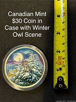 Photo showing the front side of the coin in colored winter owl scene enclosed in round protective case next to a ruler for size reference.