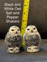 Two ceramic owl-shaped salt and pepper shakers with a yellow measuring tape behind showing about 3.5 inches height.