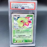Front view of the 2005 Japanese Pokemon Meganium holographic card showing the artwork, HP 100, and Japanese text in PSA graded case.
