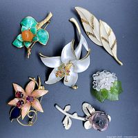 Top view of six assorted floral design brooches laid out on dark surface showing various colors and materials