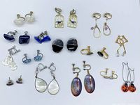 Full lot view showing all 16 pairs of assorted custom earrings in various styles and materials including clip-ons, pierced, and dangle earrings.