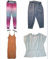 Four women's clothing items: pink and blue ombre jogger pants, gray drawstring pants, orange sleeveless dress, white peplum blouse.