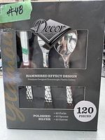 Box front showing the Decor brand plastic cutlery set with hammered effect design and piece count breakdown.