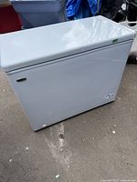 Danby Premiere chest freezer white exterior closed, showing full front and side.