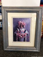 Full framed artwork showing Anne Geddes print, driftwood blue double matt frame.
