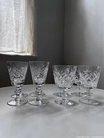 Full set view of 8 crystal stemware glasses showing two different heights and etched diamond crosshatch pattern