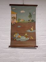 Full view of vintage canvas poster showing children playing in a schoolyard with a school building, tree, clouds, and toys including a sailboat and toy horse.