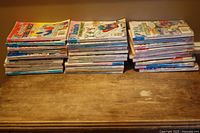Front view of two stacks of Archie digest comics on a table