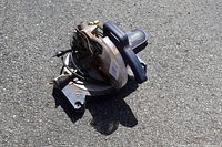 Top view of Mastercraft compound mitre saw showing base, motor housing, blade guard and power cord