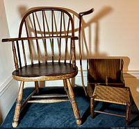 Full view of bow-back Windsor chair, footstool, cranberry scoop and walking stick grouped together