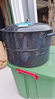 Photo showing a large black metal canner pot with white speckled pattern and lid. Side handles visible. No inside rack.