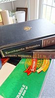Close-up photo of two Encyclopaedia Britannica volumes showing black covers, gold leaf emblem, and detailed spine labels.