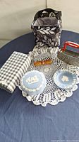 Photo showing two blue Wedgwood Jasperware plates with classical white relief figures placed on a white crocheted doily. Nearby are a black and white patterned insulated bag, a checkered cloth fabric, and a metal kitchen utensil with an orange handle.