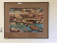 Framed watercolor painting full front view showing mat and frame