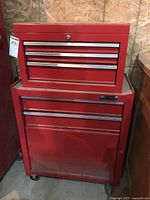 Front view of both top chest and bottom rolling cabinet