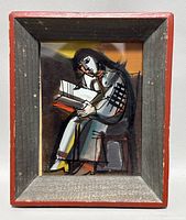Front view of the oil on glass painting titled 'Reading' showing the artwork and wooden frame.