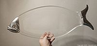 Clear acrylic serving platter shaped like a fish, held upright showing the body and silver-tone fish head end.