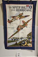 Full view of the Royal Airforce linen with Spitfire and Hurricane aircraft illustrations, including historic personnel and scene details.