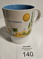 Front view showing California name and sun with trees and mountains graphic.