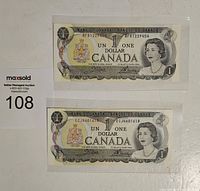 Two Canadian one dollar banknotes front side, showing different serial numbers and portrait of Queen Elizabeth II, minted condition.