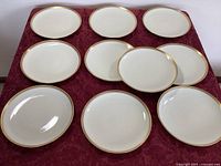 Ten dinner plates arranged on burgundy cloth, showing their circular shape and gold rim detail.