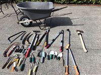 Full view of the wheelbarrow and the laid out gardening tools including saws, loppers, shovels, and hand cultivators.