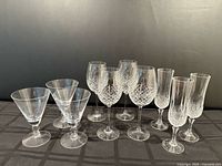 Front view of all ten crystal glasses arranged by type
