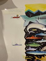 Close view upper left of under-sea illustration showing canoe figure and whale