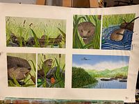 Full sheet showing six watercolour panels of beaver wetlands on mounting board