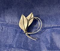 View of a sterling silver brooch shaped as two leaves with a matte silver finish and shiny silver midrib, accompanied by twined loops of shiny and matte silver on a dark blue background.