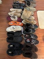Top-down view of various pairs of slippers, casual shoes, sneakers, and sandals arranged on floor.