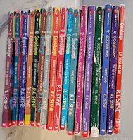 Photo showing 17 Goosebumps softcover books by R.L. Stine, varied titles and volume numbers with colorful spines.