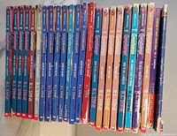 Photo of 23 books including 21 softcover Goosebumps books by R.L. Stine and 2 additional preteen horror books, all standing upright with visible spine titles.