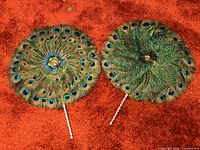 Both peacock feather hand fans laid side-by-side on an orange carpet, showing full circular shape and feather details.