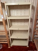 Full view of plastic storage shelf showing four tiers and overall structure.