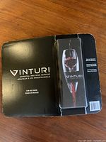 Box of Vinturi Essential Red Wine Aerator for red wine showing front with branding and aerator image.