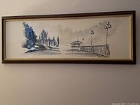 Full view of original framed panoramic watercolor artwork depicting La Terrasse Dufferin and Chateau Frontenac, Quebec City, signed by Serge Paque.