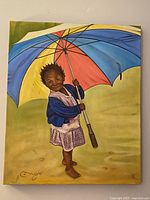 Full view of the oil painting showing the smiling little girl holding a colourful umbrella with vivid colours against a yellow background.